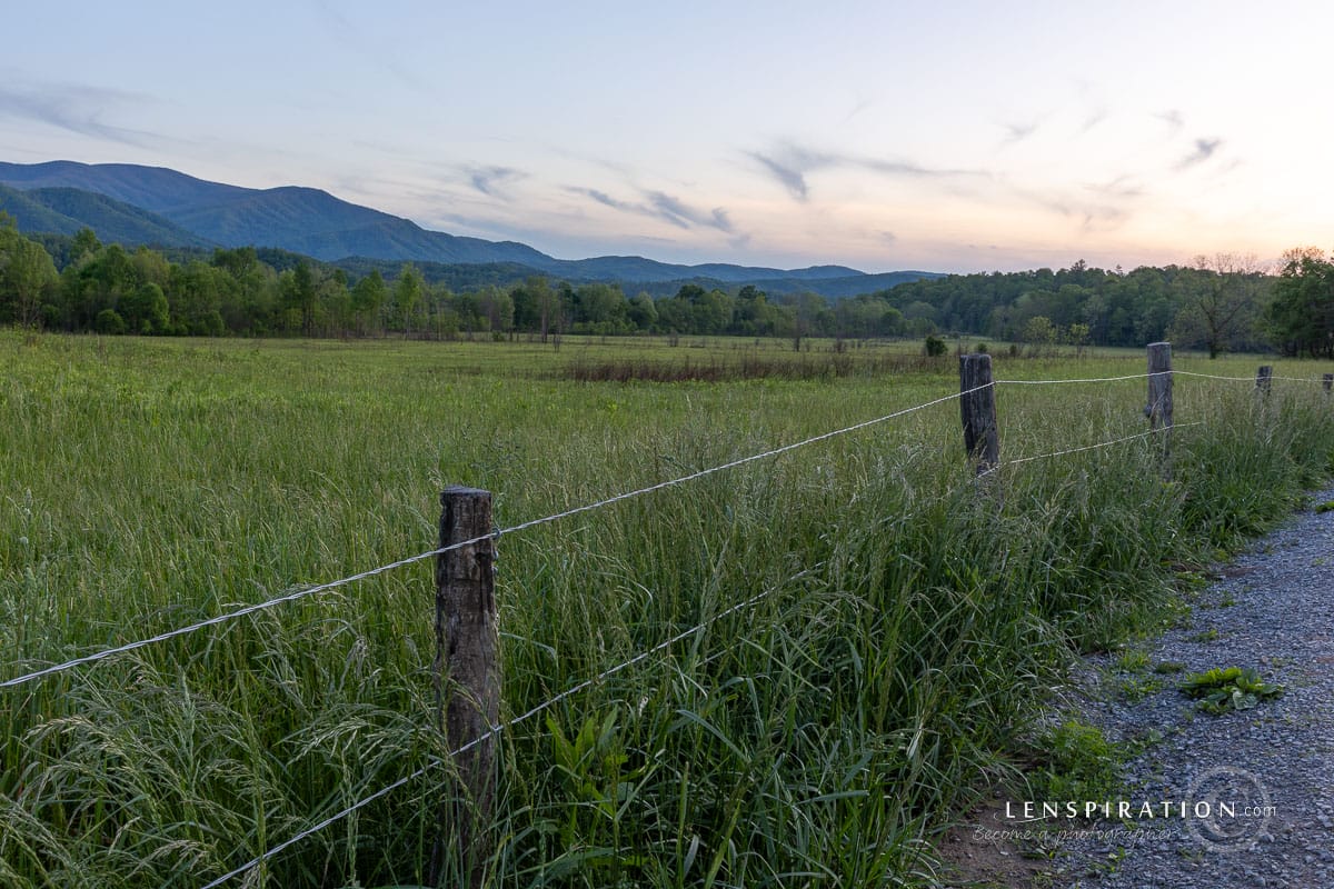 View along road after dusk in Cades Cove, Tennessee, Smokey Mountain National Park