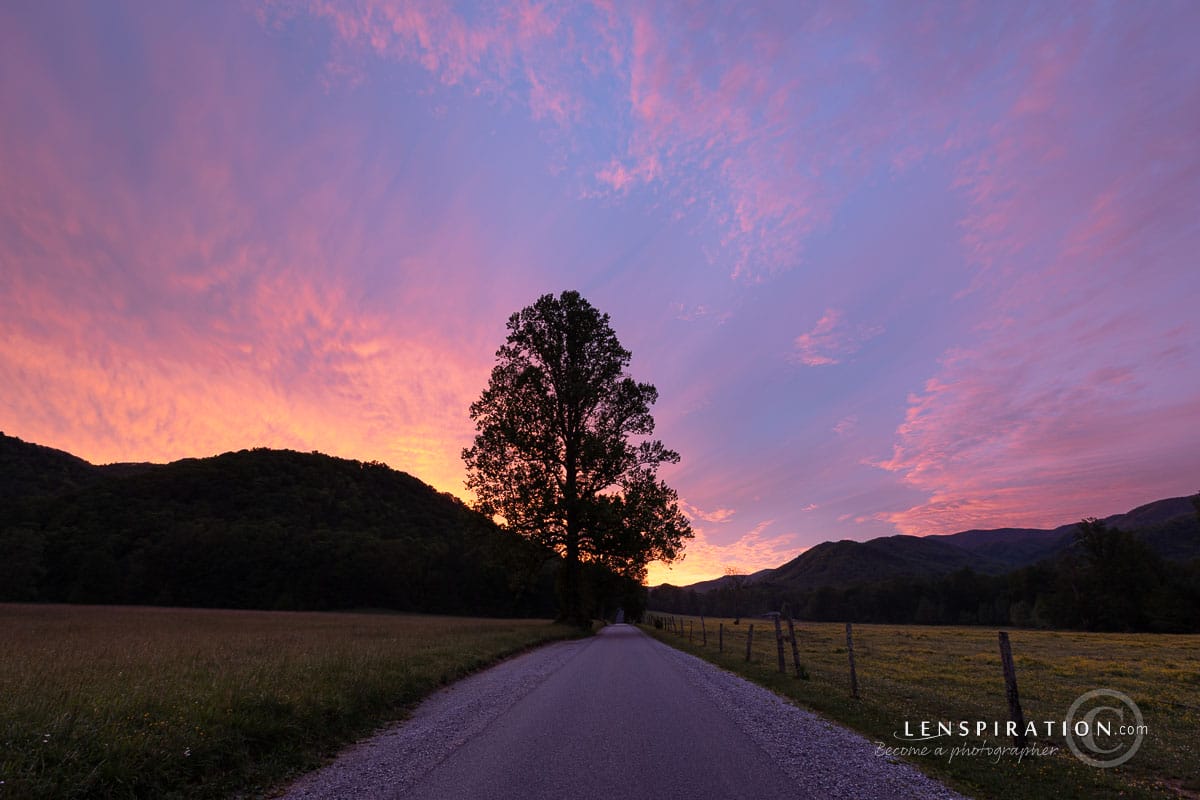 Landscape photography capturing stunning sunrise at Cades Cove, Tennessee, Smokey Mountain National Park