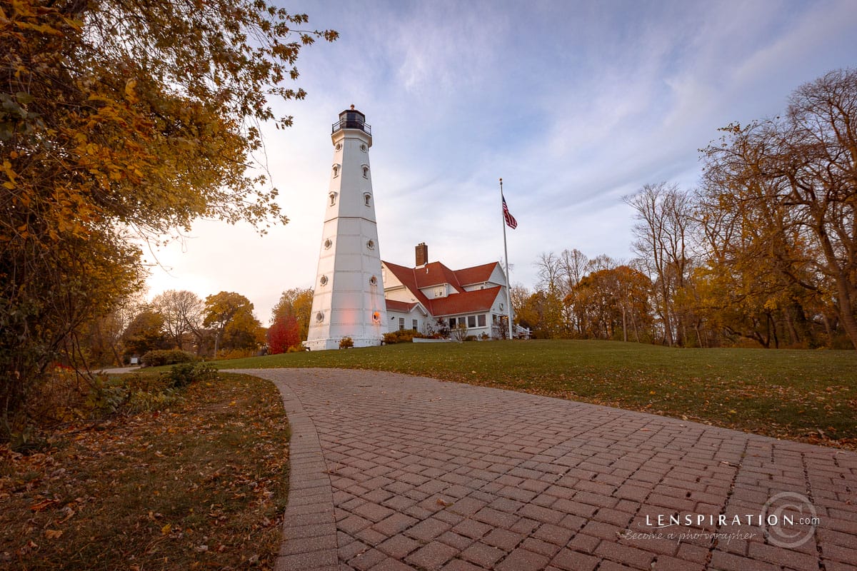 One angle of a lighthouse on the Wisconsin coast in autumn
