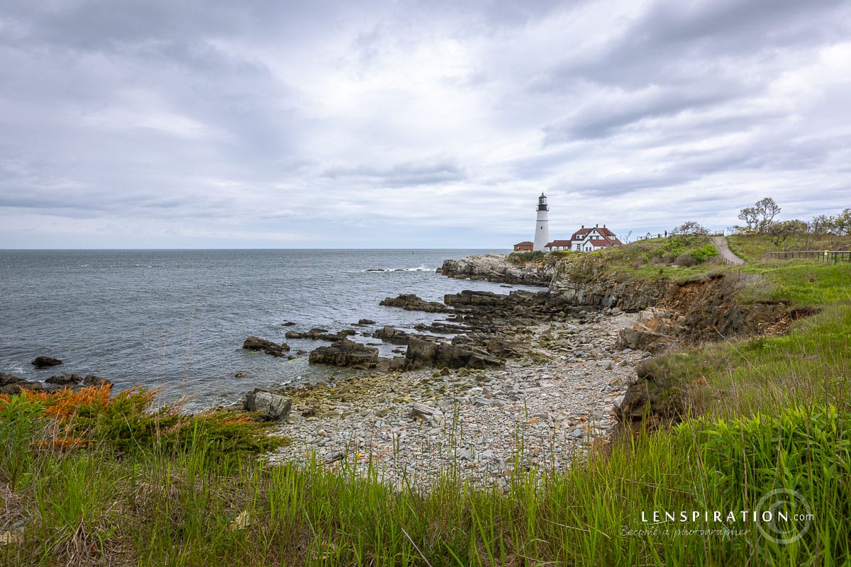 Portland Head Lighthouse, Maine, mid afternoon on a cloudy day.