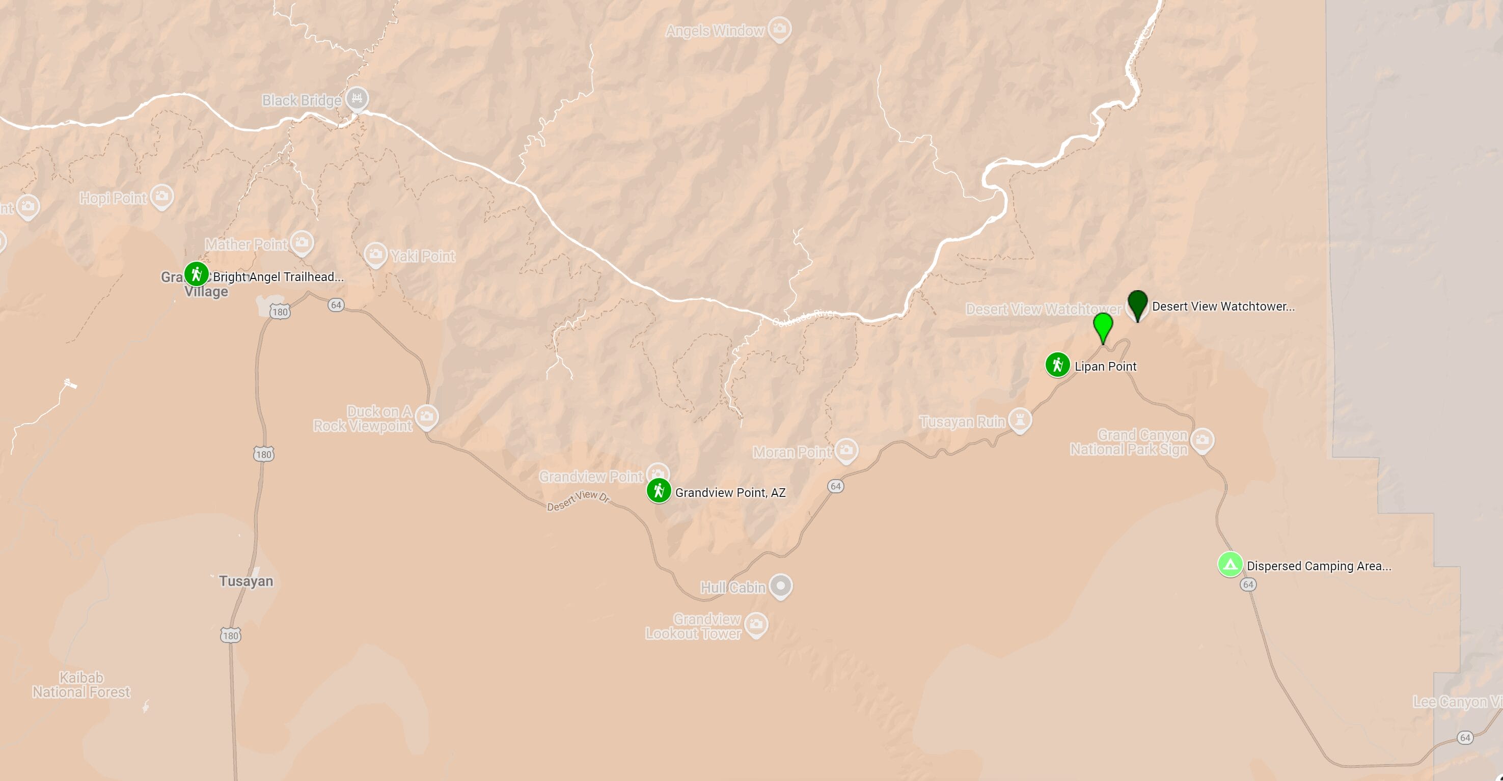 Map of places I visited during a multi-day trip to the Grand Canyon, looking for epic landscape photos at sunrise and sunset