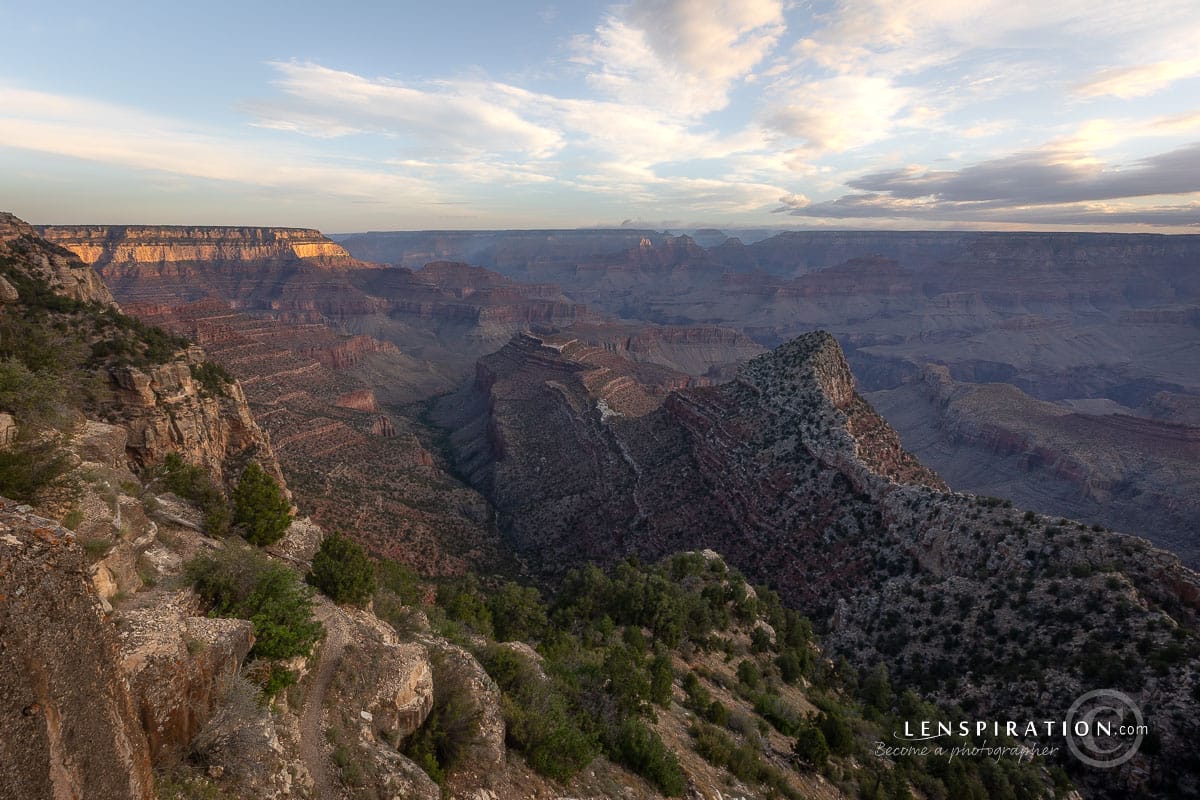 Grand Canyon view from trail below Grandview Point Overlook with trail in the foreground