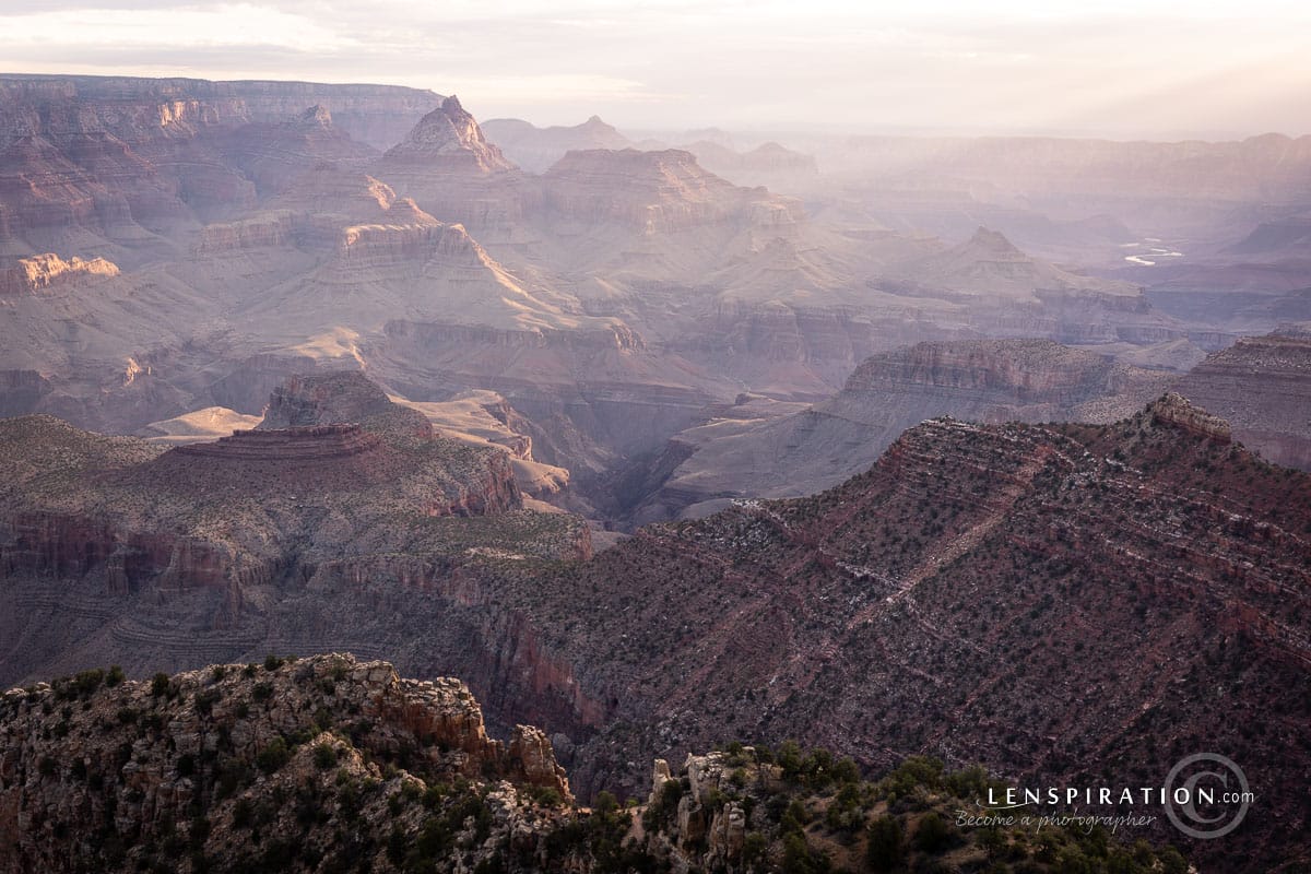 Light filtering down through smokey atmosphere during the summer wildfires of 2025 at Grand Canyon