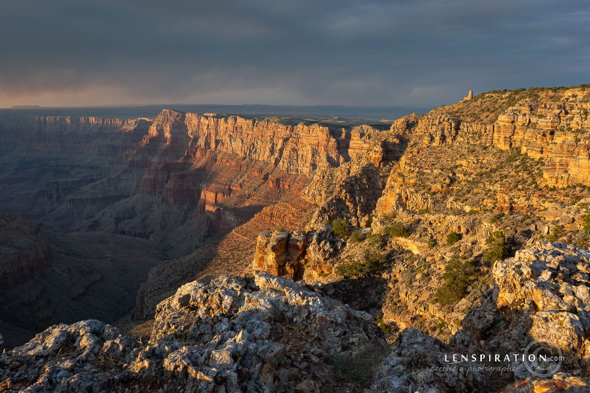 The main view at Navajo Point, Grand Canyon, right at the beginning of Golden Hour, just a different foreground.