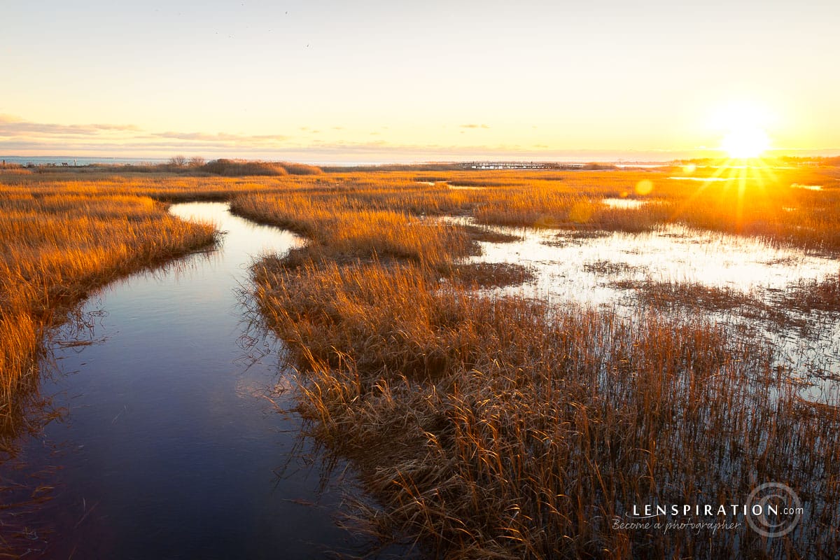 Stunning landscape photography sunrise scene at Silver Sands State Park in Milford Connecticut by Lenspiration Photography Training for Homeschoolers