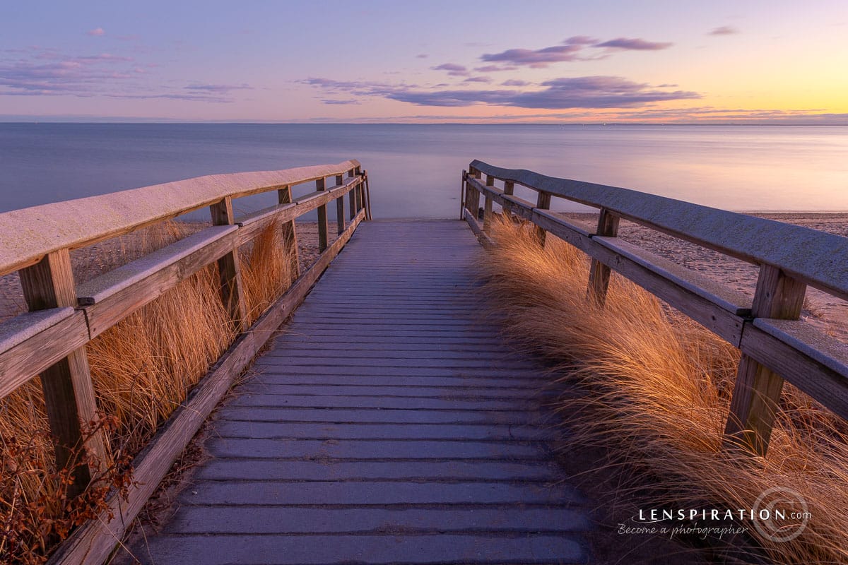 Sunrise scene at Silver Sands State Park in Milford Connecticut at Walnut Beach Boardwalk by Lenspiration landscape photographer